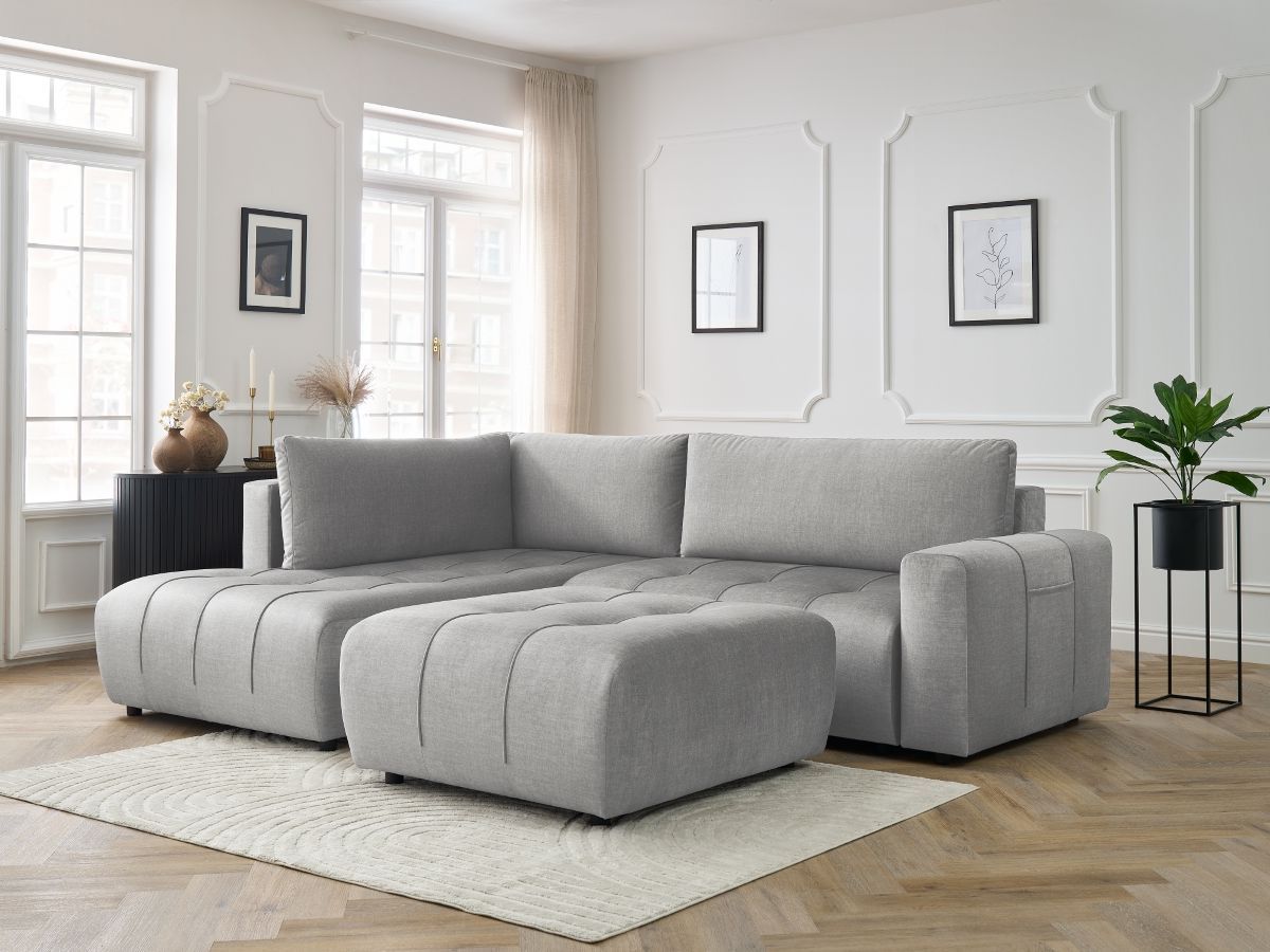 Bobochic Arsene Ecksofa mit Schlaffunktion und Bettkasten und Pouf 277 × 200 cm Samt Hellgrau Ecke links