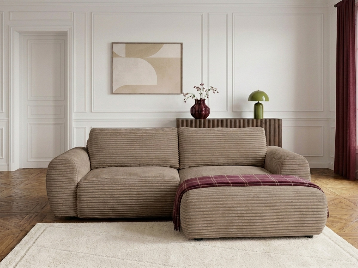 Bobochic Lucien Ecksofa mit Schlaffunktion und Bettkasten Breitcord weich Taupe Ecke rechts