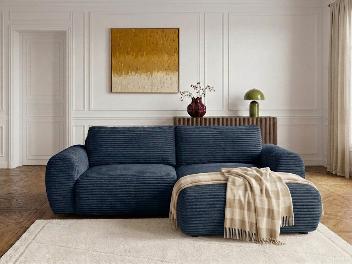 Bobochic Lucien Ecksofa mit Schlaffunktion und Bettkasten Breitcord weich Dunkelblau Ecke rechts