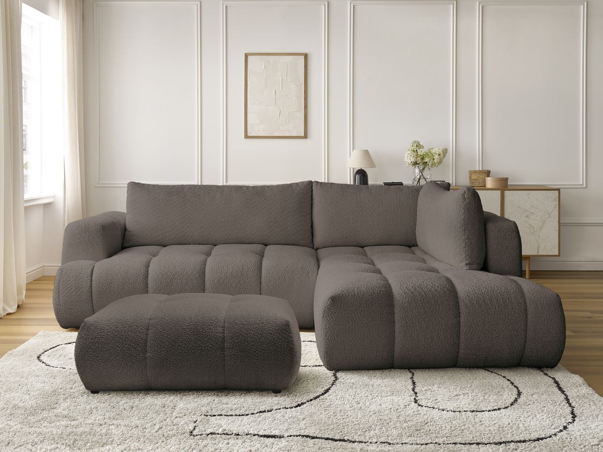 Bobochic Fuji Ecksofa mit Schlaffunktion und Bettkasten und Pouf 282 × 204 cm Bouclé-Stoff Braun Ecke rechts