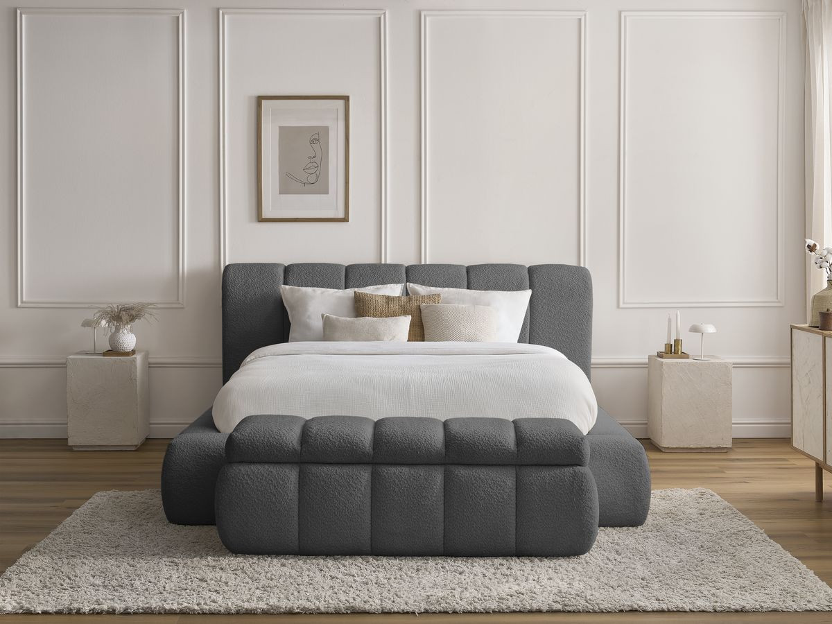Bobochic Denali Polsterbett mit Bettkasten mit Bettbank Bouclé-Stoff Dunkelgrau, Liegefläche 180 × 200 cm