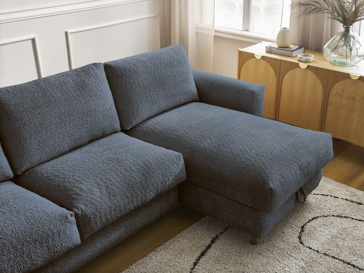 Bobochic Cocoone Ecksofa mit Schlaffunktion und Bettkasten Bouclé-Stoff Dunkelblau, Liegefläche 140 × 200 cm