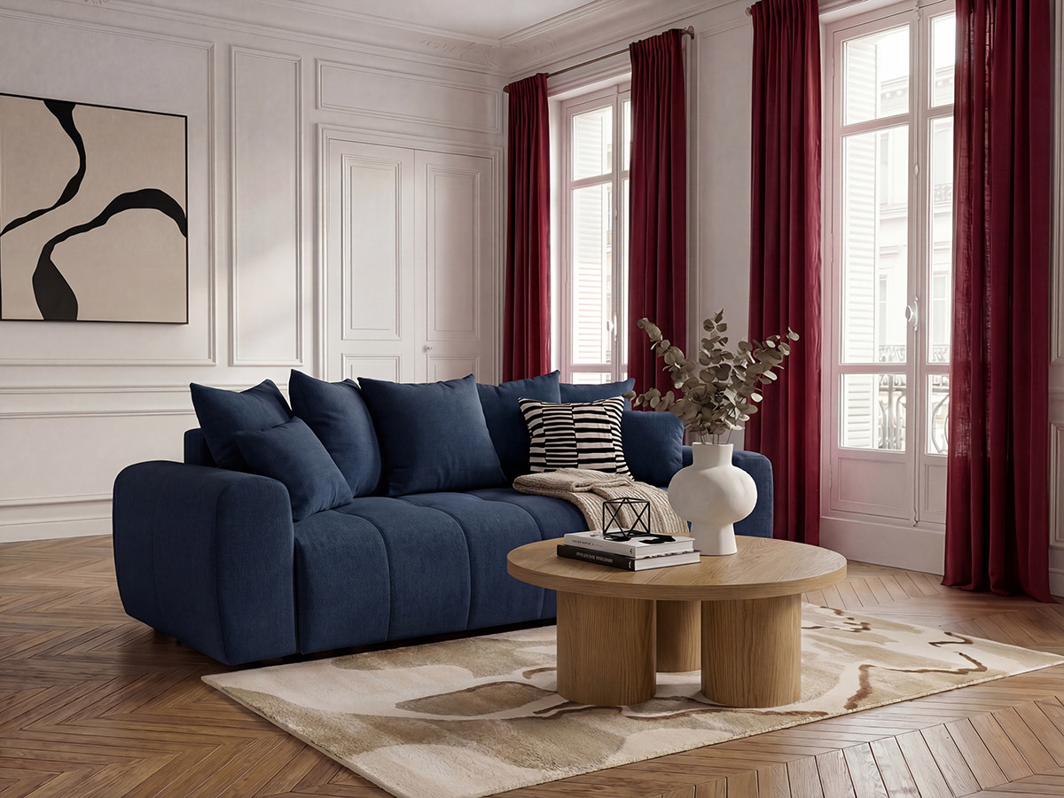 Bobochic Roxelane Schlafsofa 3-Sitzer mit Bettkasten Melange-Stoff Dunkelblau