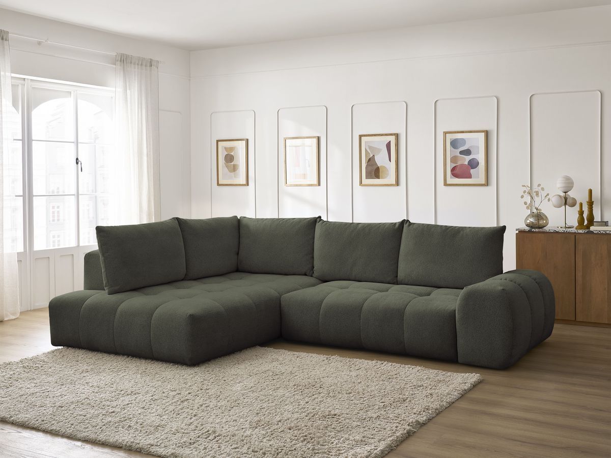 Bobochic Everest Ecksofa mit Schlaffunktion und Bettkasten 320 × 212 cm, 5 Kissen Melange-Stoff Grün Ecke links