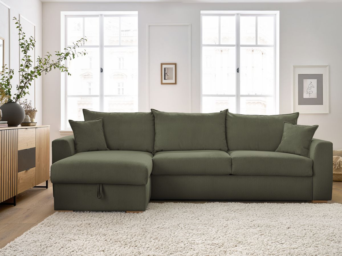 Bobochic Augustin Ecksofa mit Schlaffunktion und Bettkasten Cordsamt Hellgrün, Liegefläche 140 × 200 cm