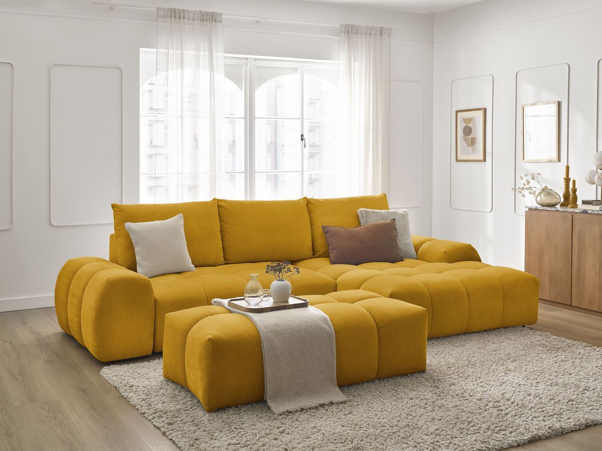Bobochic Everest Ecksofa mit Schlaffunktion und Bettkasten und Pouf 318 × 180 cm, 3 Kissen Strukturstoff Gelb Ecke rechts