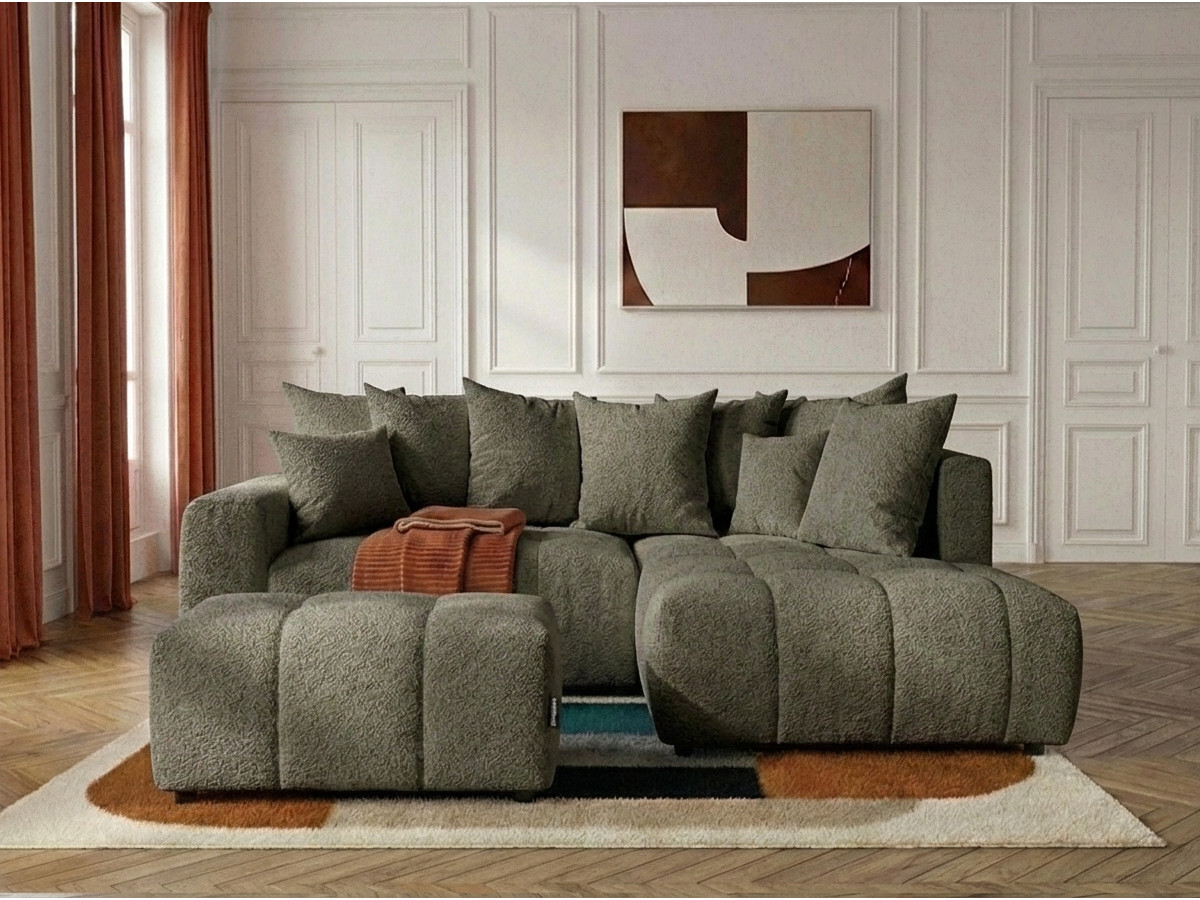 Bobochic Roxelane Ecksofa mit Schlaffunktion und Bettkasten und Pouf Bouclé-Stoff Grün Ecke rechts