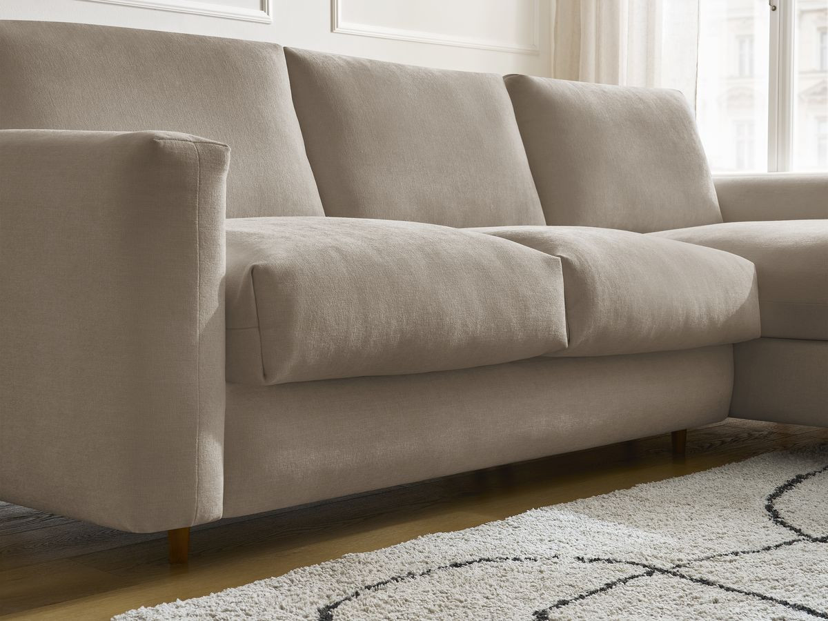 Bobochic Cocoone Ecksofa mit Schlaffunktion und Bettkasten Stoff Taupe, Liegefläche 140 × 200 cm