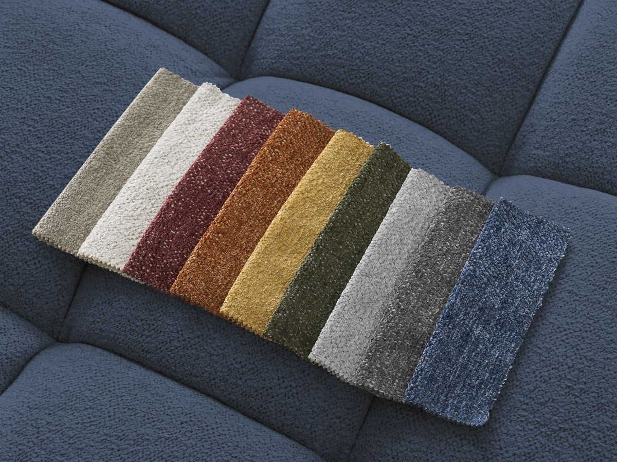 Bobochic Everest Ecksofa mit Schlaffunktion und Pouf, 10 Kissen Melange-Stoff Dunkelblau Ecke rechts