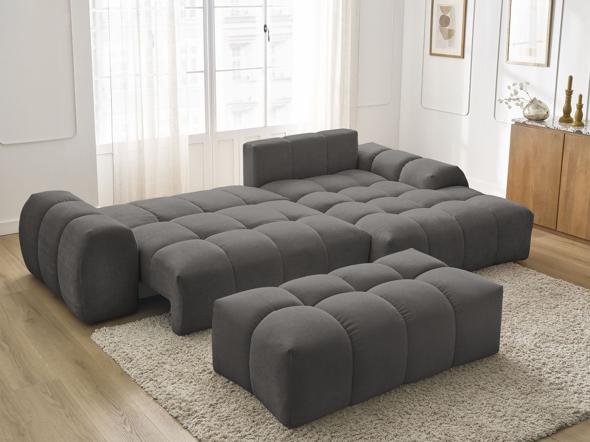 Bobochic Everest Ecksofa mit Schlaffunktion und Bettkasten und Pouf 318 × 180 cm, 3 Kissen Strukturstoff Dunkelgrau Ecke rechts