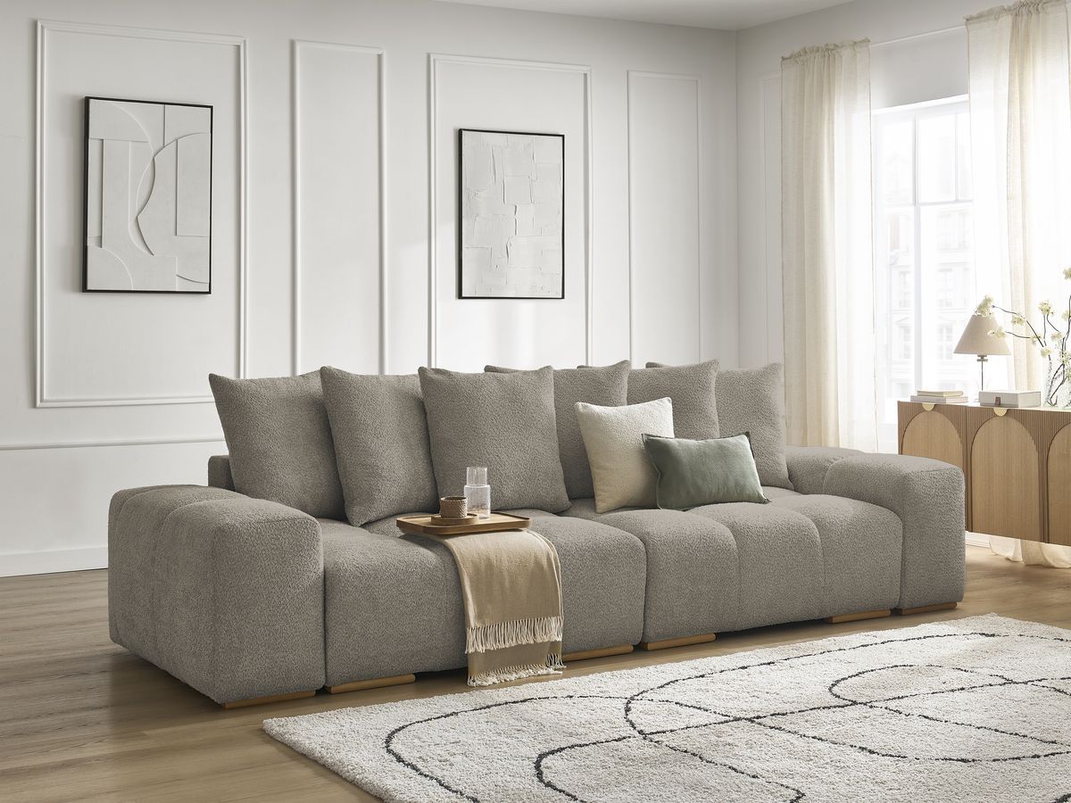 Bobochic Anakin Sofa 3-Sitzer, 6 Kissen Bouclé-Stoff Taupe