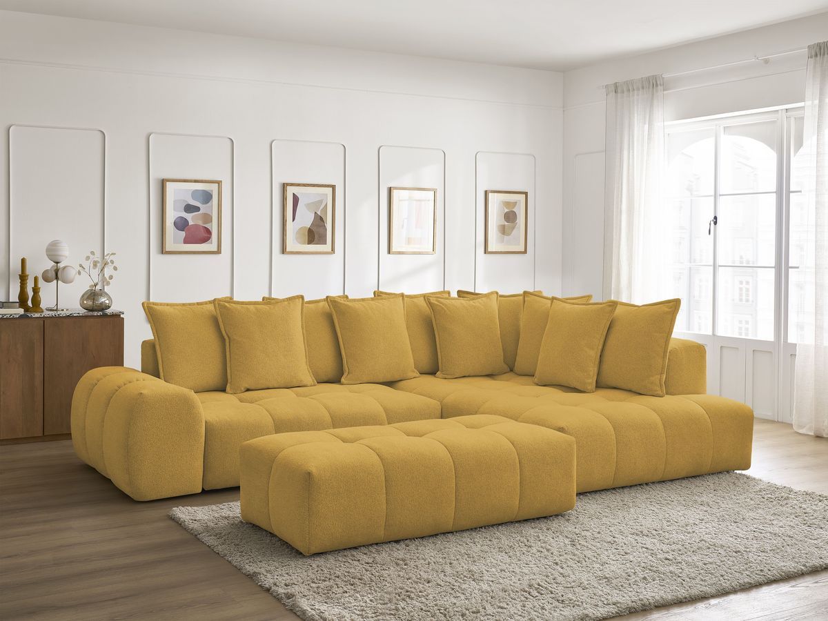 Bobochic Everest Ecksofa mit Schlaffunktion und Bettkasten und Pouf 320 × 212 cm, 10 Kissen Melange-Stoff Gelb Ecke rechts