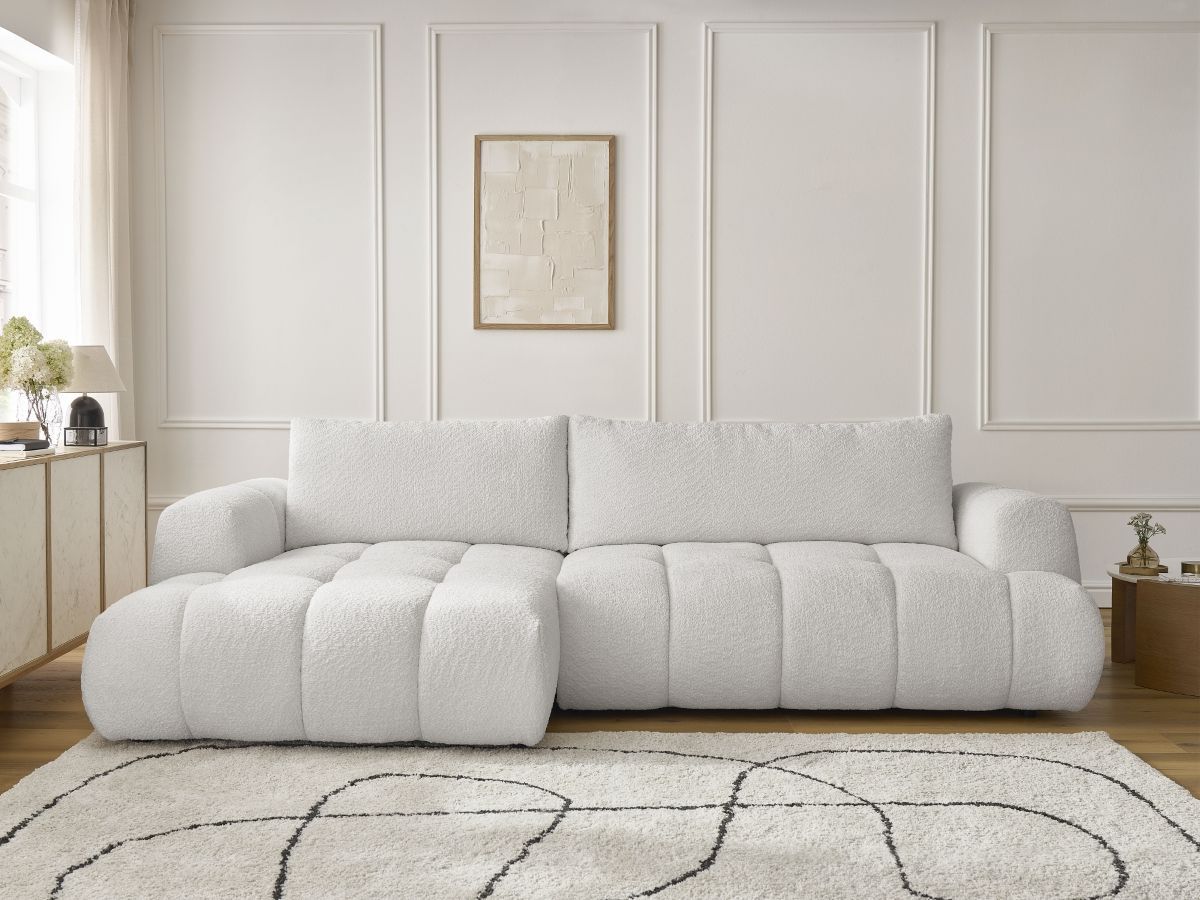 Bobochic Fuji Ecksofa mit Schlaffunktion und Bettkasten 292 × 160 cm Bouclé-Stoff Weiß Ecke links