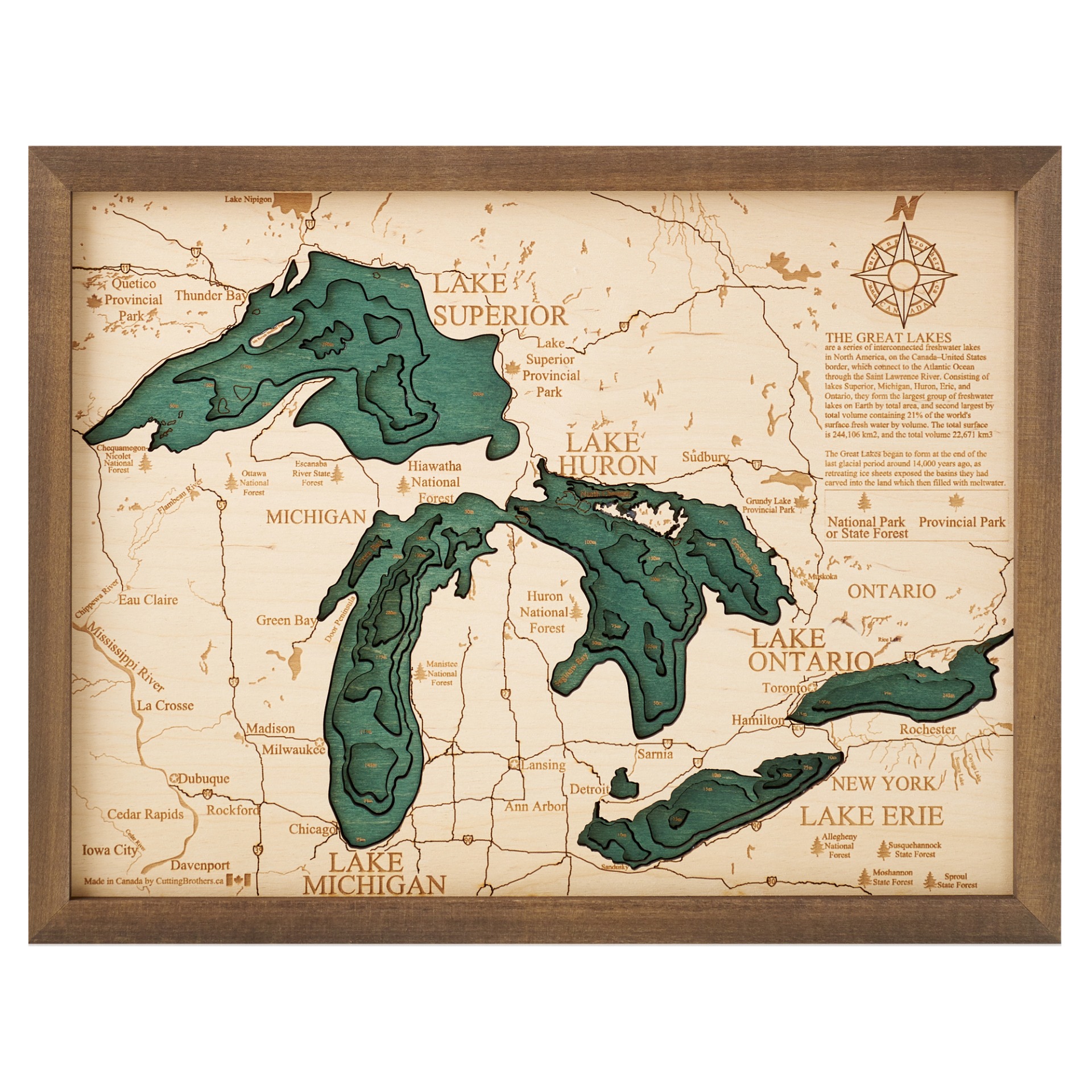 Cutting Brothers 3D Holz-Wandkarte Great Lakes 40.5x30.5 cm
