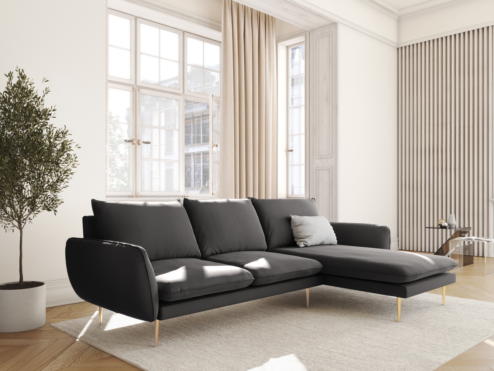 Cosmopolitan Design Ecksofa Vienna 5-Sitzer Samt Bluvel Dunkelgrau Melange Rechts Beine Gold
