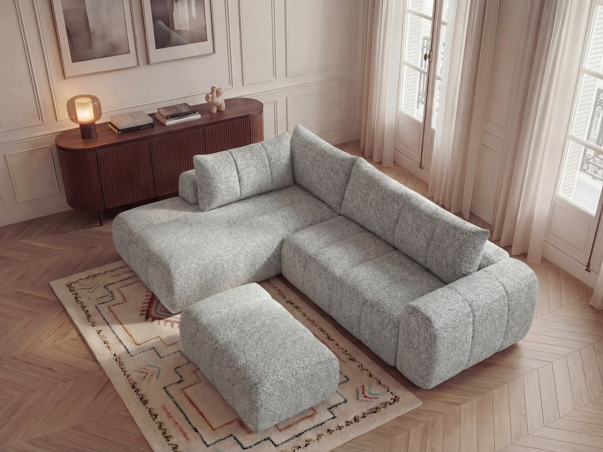 Bobochic Nesty Ecksofa in L-Form, 256 cm, mit Pouf Melange-Stoff Hellgrau Ecke links