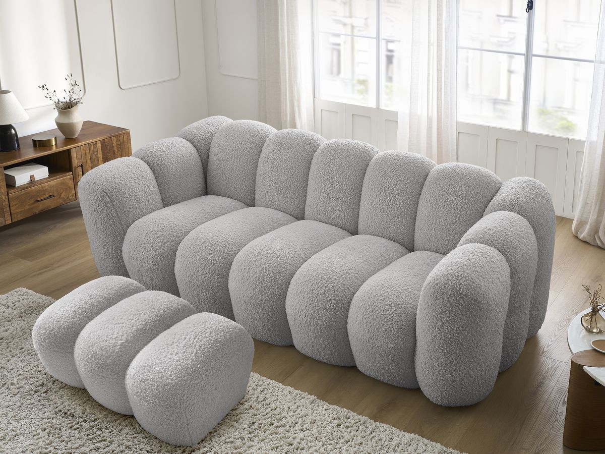 Bobochic Hippolyte Sofa 3-Sitzer mit Pouf Bouclé-Stoff Hellgrau