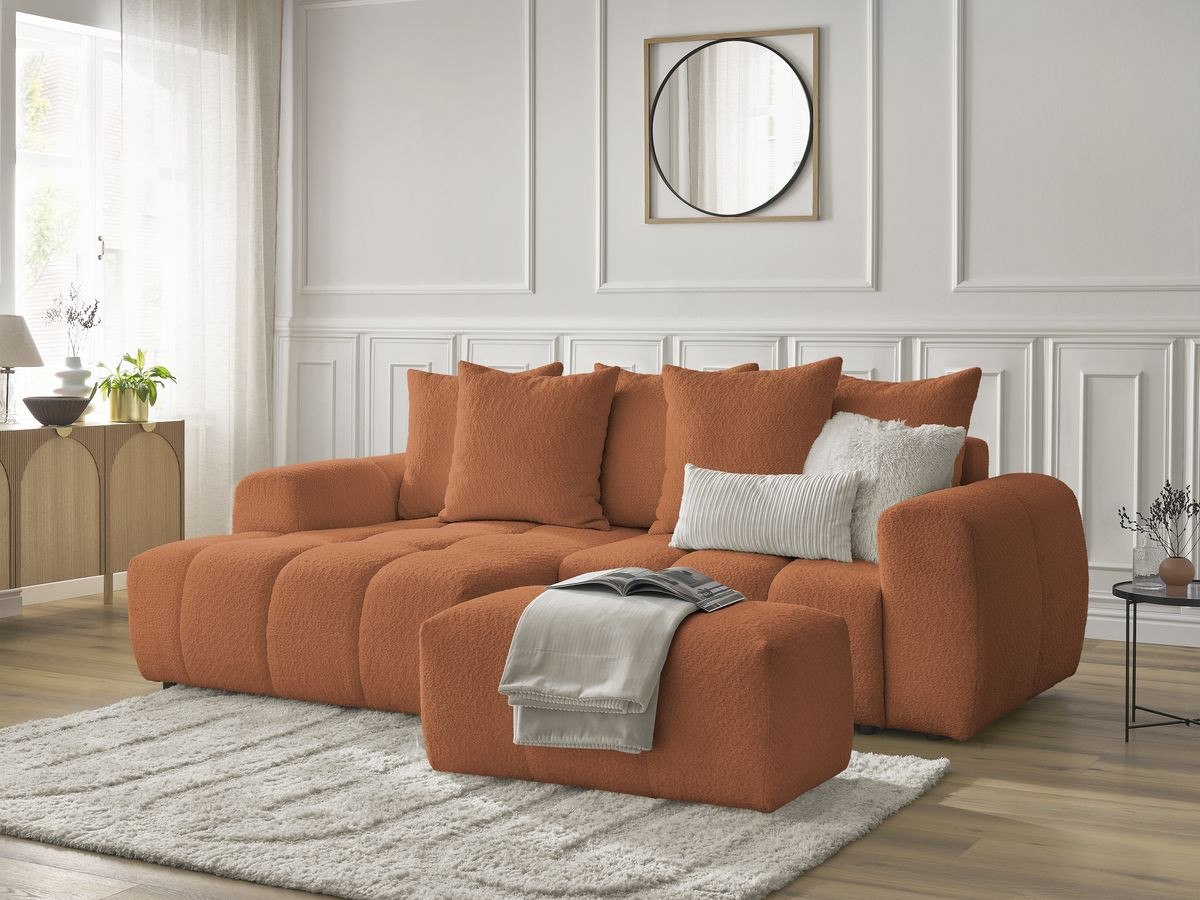 Bobochic Roxelane Ecksofa mit Schlaffunktion und Bettkasten und Pouf 258 × 150 cm Bouclé-Stoff Orange Ecke links