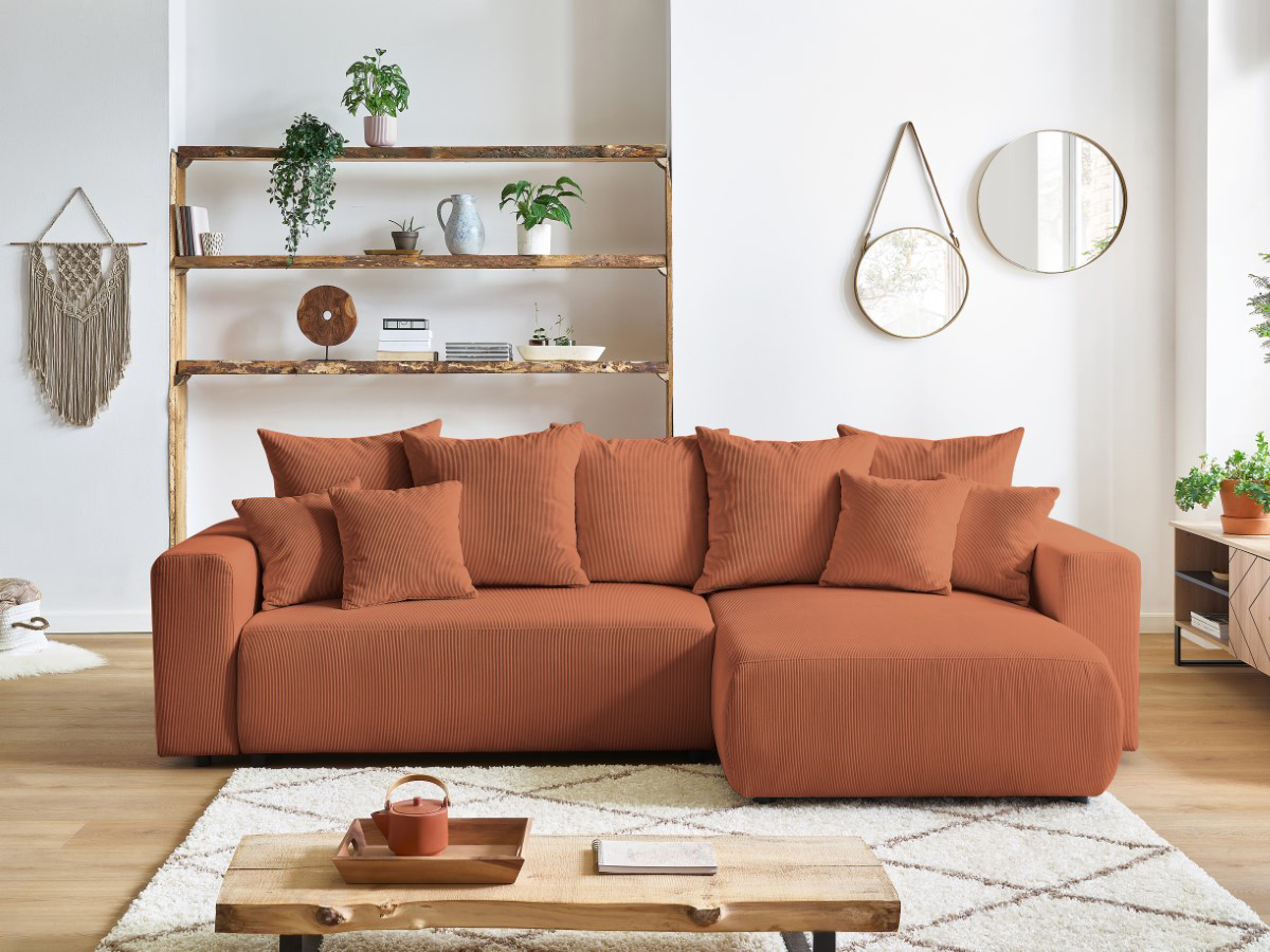 Bobochic Envy Ecksofa mit Schlaffunktion und Bettkasten Cordsamt Orange