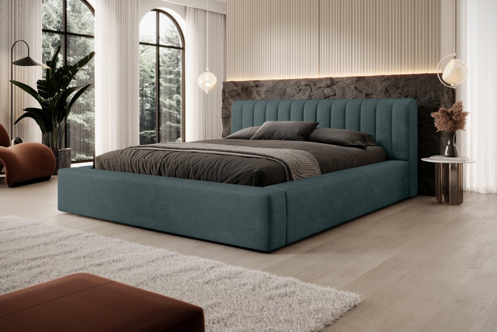 Polsterbett Faroa Samtstoff 180x200 mit Holzrahmen Macau Emerald
