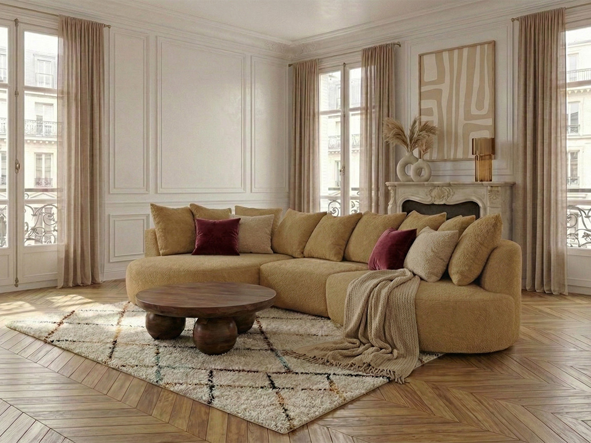 Bobochic Calypso Ecksofa Bouclé-Stoff Ockergelb Ecke links