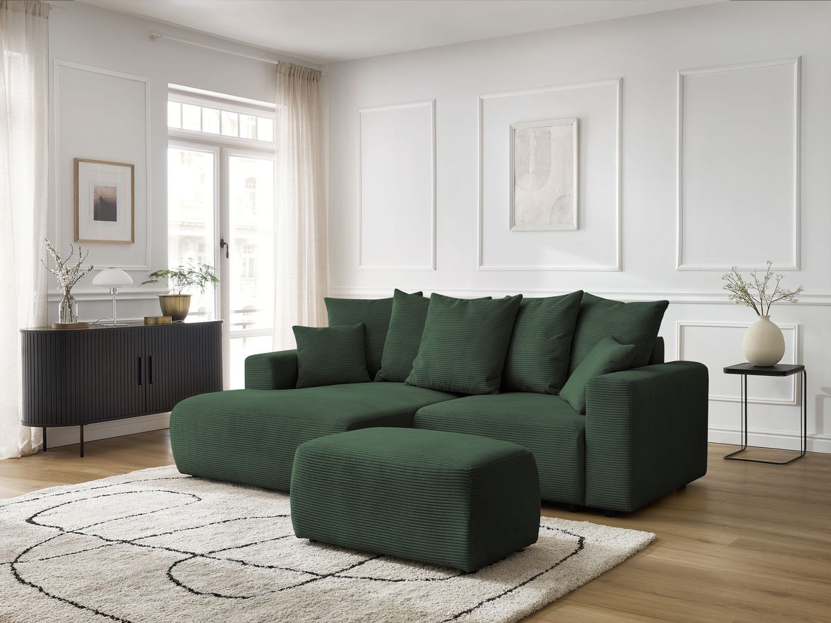 Bobochic Atilla Ecksofa mit Schlaffunktion und Bettkasten und Pouf Cordsamt Dunkelgrün Ecke links