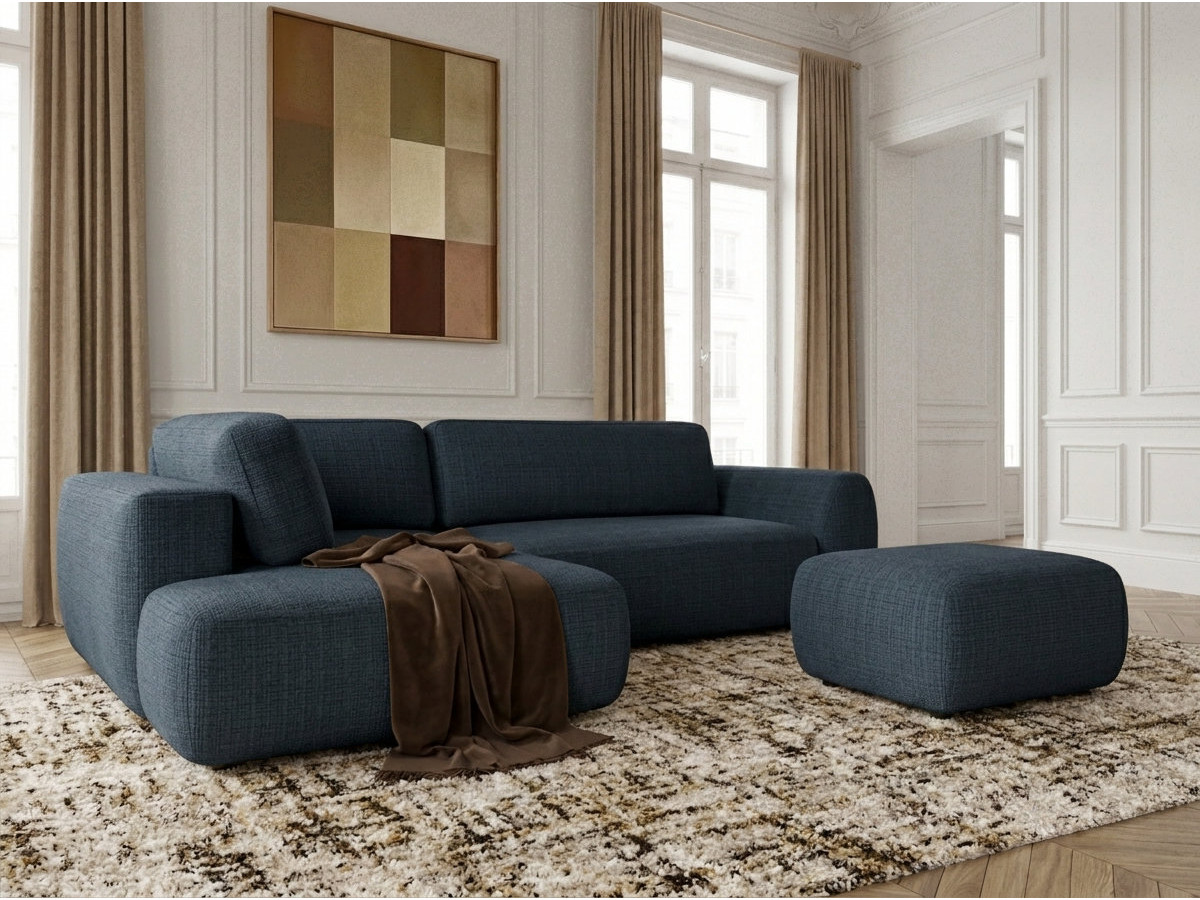 Bobochic Denise Ecksofa mit Schlaffunktion und Bettkasten und Pouf 256 × 197 cm Strukturstoff Dunkelblau Ecke links