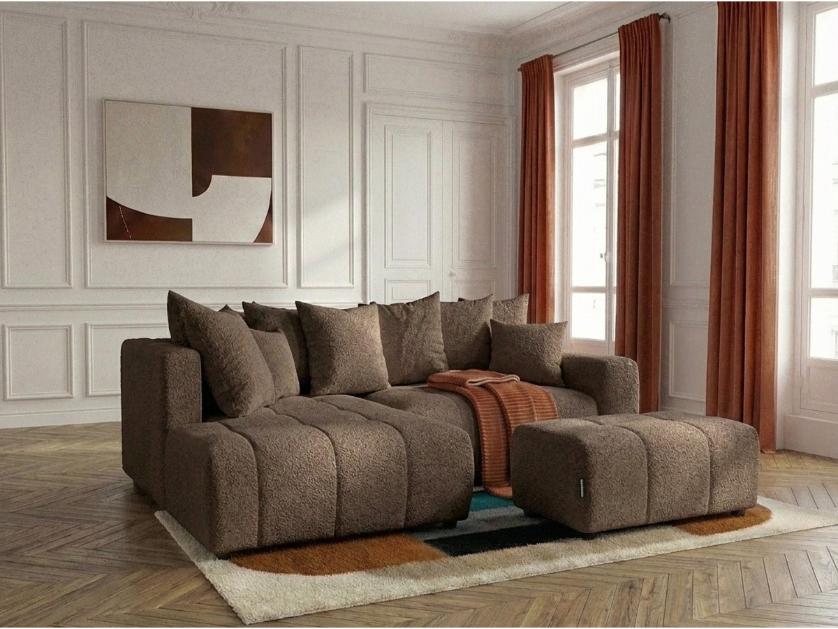 Bobochic Roxelane Ecksofa mit Schlaffunktion und Bettkasten und Pouf Bouclé-Stoff Braun Ecke links