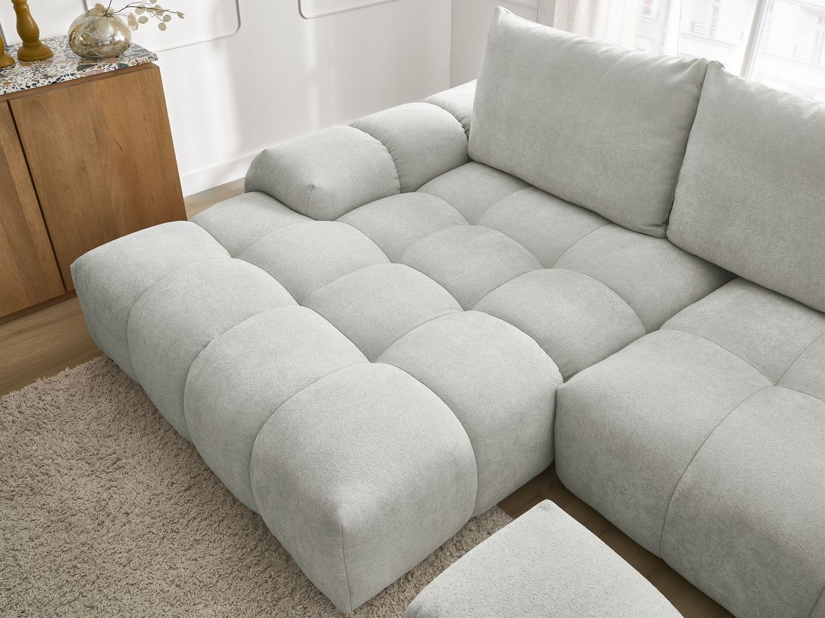 Bobochic Everest Ecksofa mit Schlaffunktion und Bettkasten und Pouf 318 × 180 cm, 3 Kissen Strukturstoff Hellgrau Ecke links