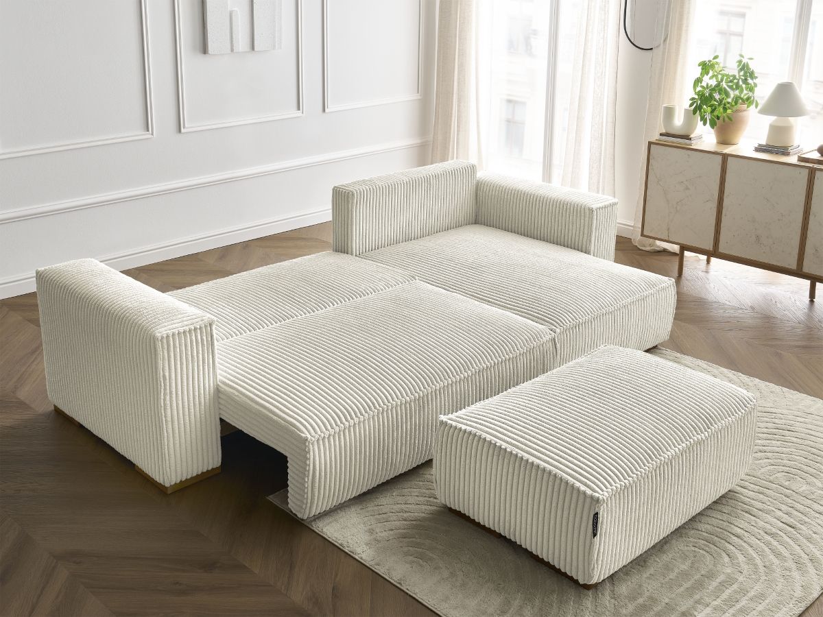 Bobochic Chelsea Ecksofa mit Schlaffunktion und Bettkasten und Pouf Breitcord weich Beige