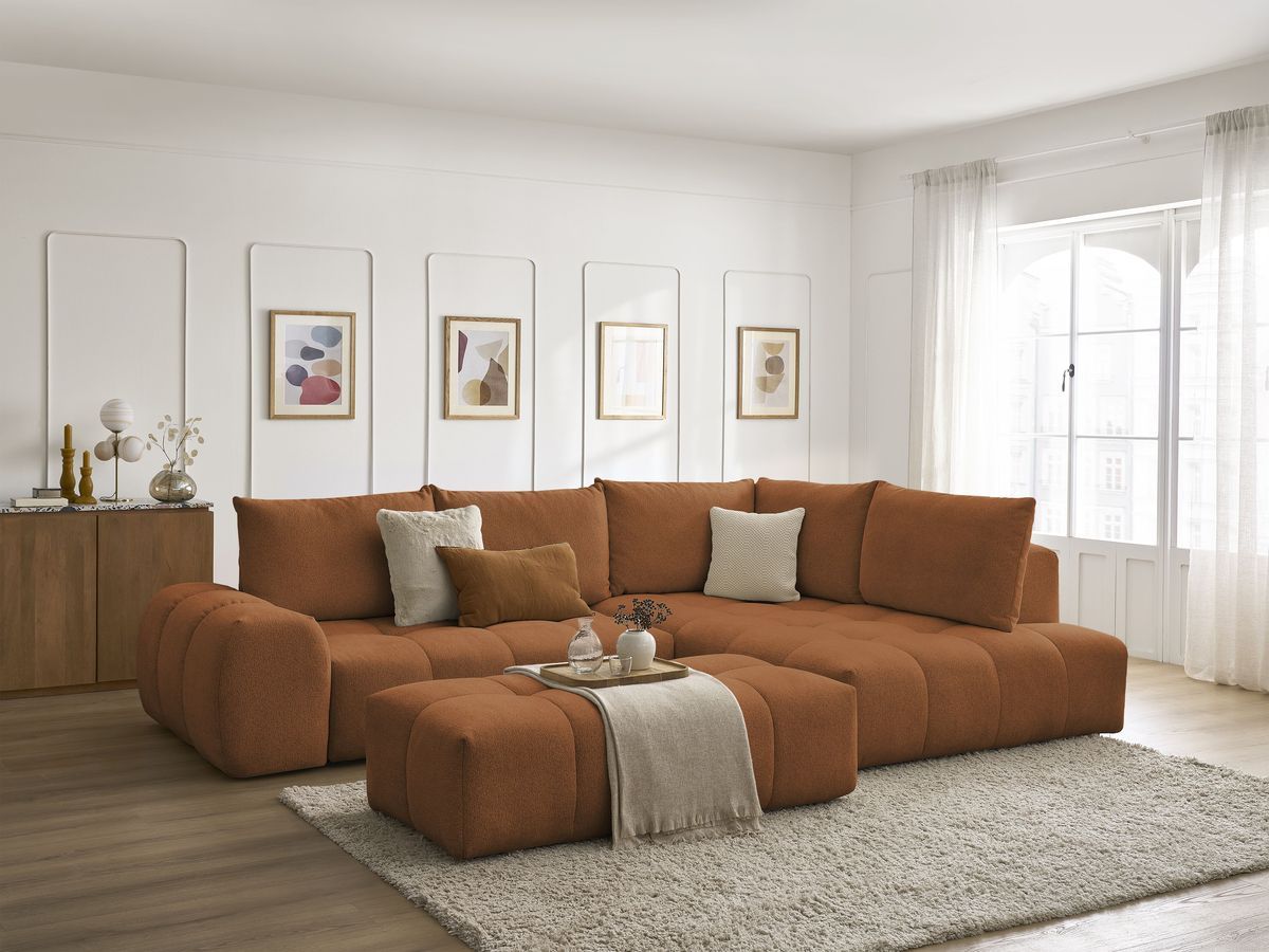 Bobochic Everest Ecksofa mit Schlaffunktion und Bettkasten und Pouf 320 × 212 cm, 5 Kissen Melange-Stoff Orange Ecke rechts