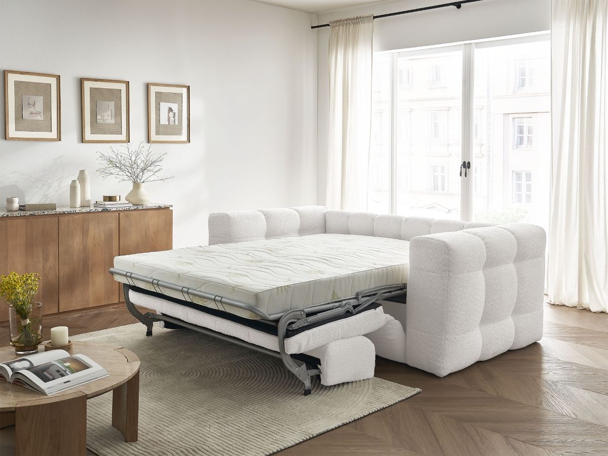 Bobochic Cloud Schlafsofa 3-Sitzer Bouclé-Stoff Weiß