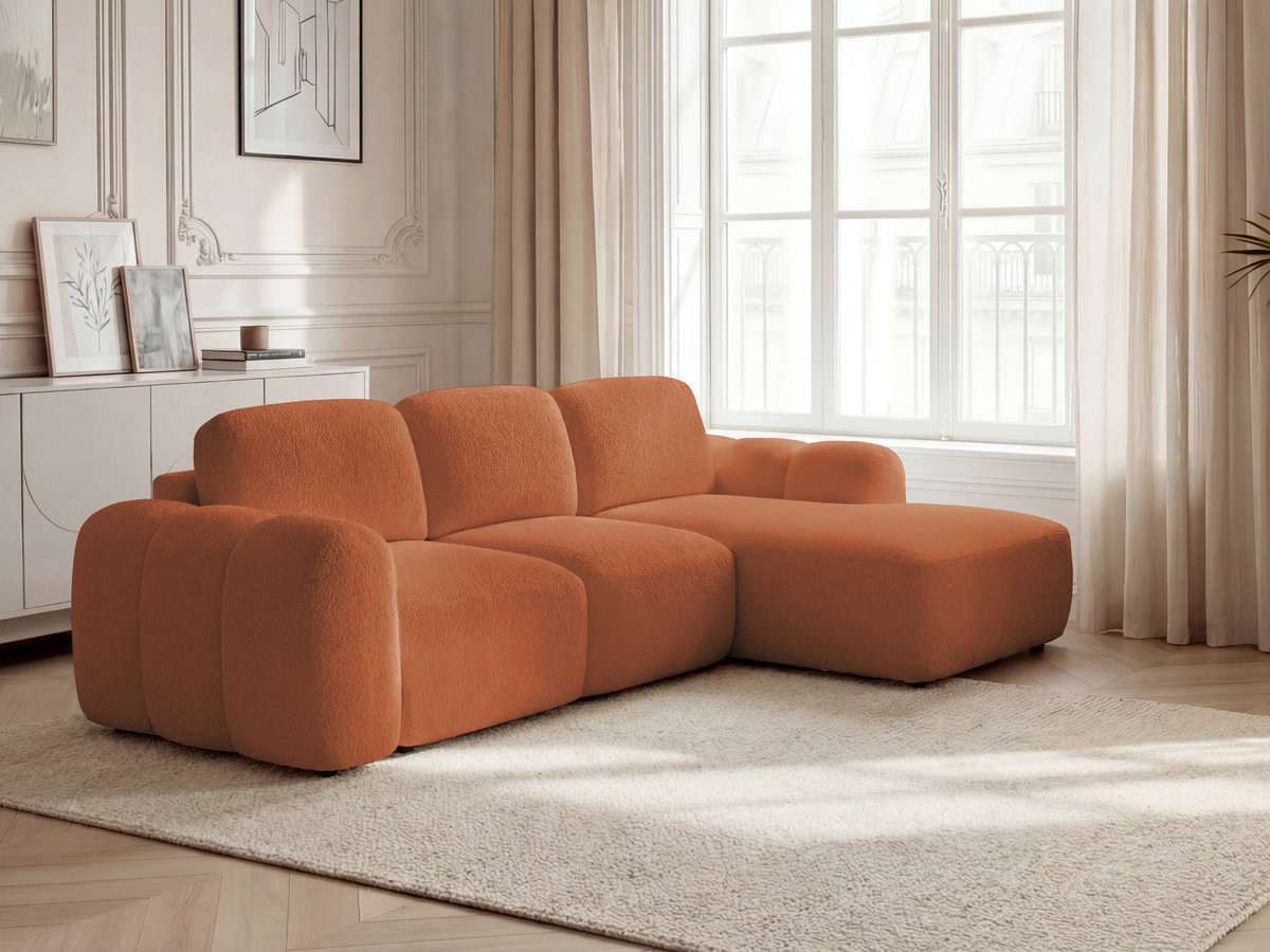 Bobochic Montaigne Ecksofa mit Schlaffunktion und Bettkasten 276 × 164 cm Bouclé-Stoff Orange Ecke rechts