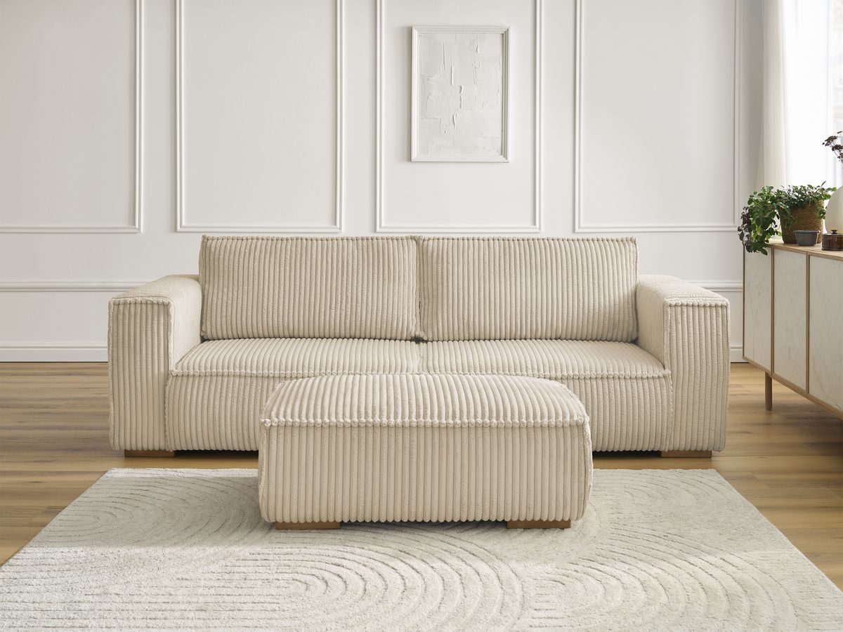 Bobochic Chelsea Sofa 4-Sitzer mit Pouf Breitcord weich Taupe