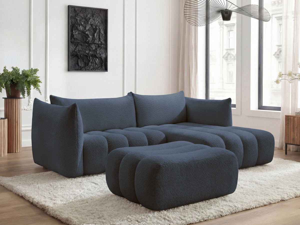 Bobochic Azra Ecksofa mit Pouf 262 × 178 cm Bouclé-Stoff Dunkelblau Ecke rechts