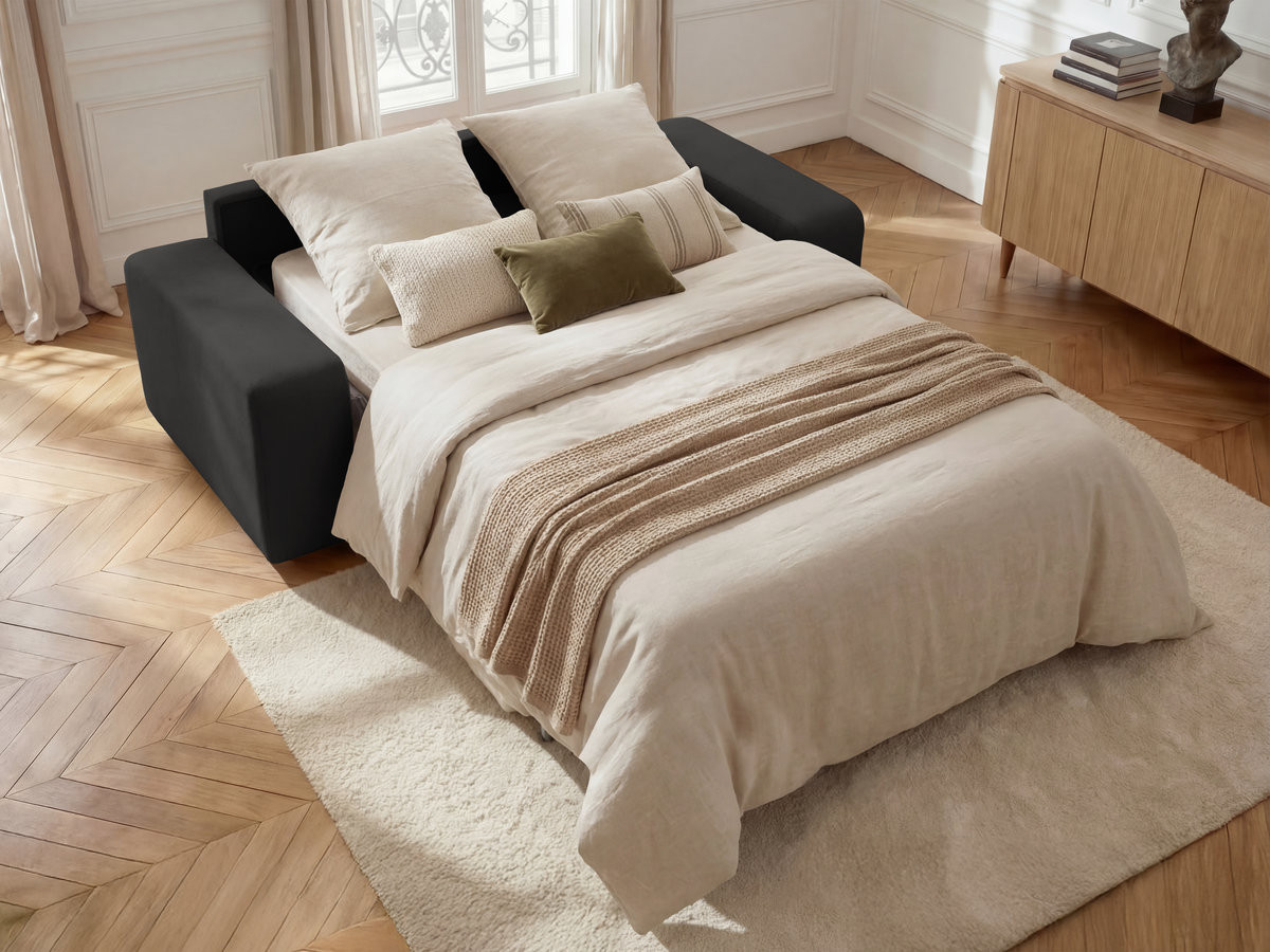 Bobochic Ibiza Schlafsofa 3-Sitzer Strukturstoff Schwarz, Liegefläche 140 × 196 cm
