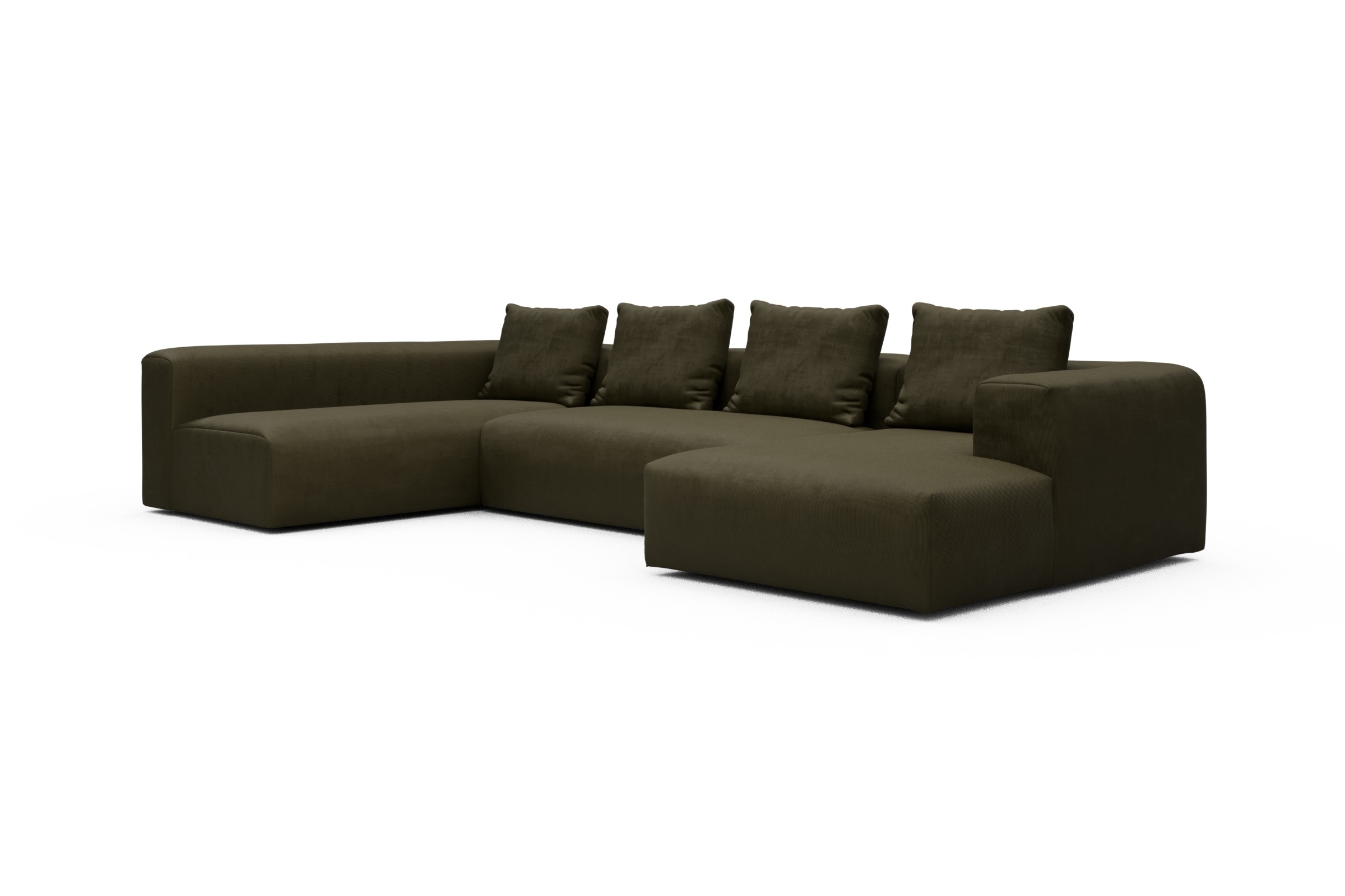 Wohnlandschaft Fred Chaiselongue rechts mit 2-Sitzer und lange Armlehne links Cordufine-Pine-Green