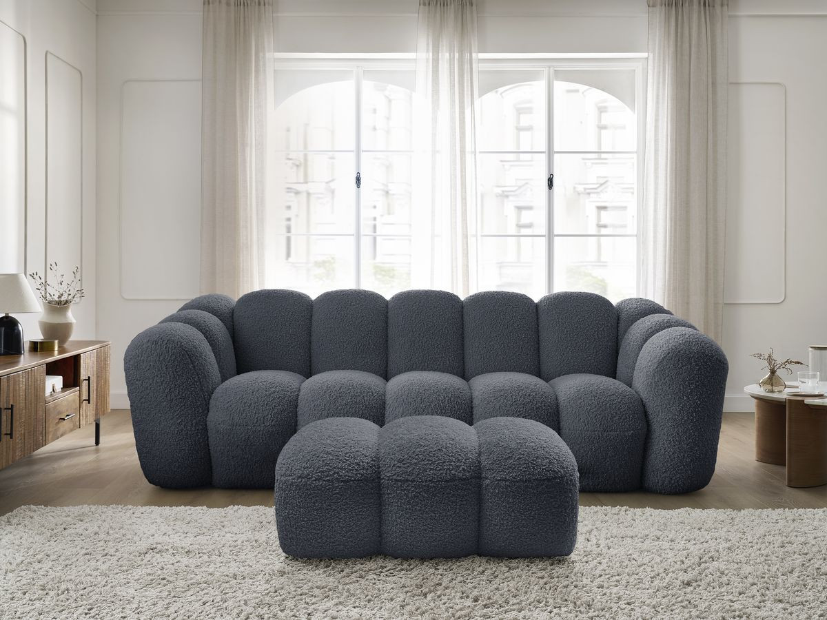 Bobochic Hippolyte Sofa 3-Sitzer mit Pouf Bouclé-Stoff Dunkelgrau