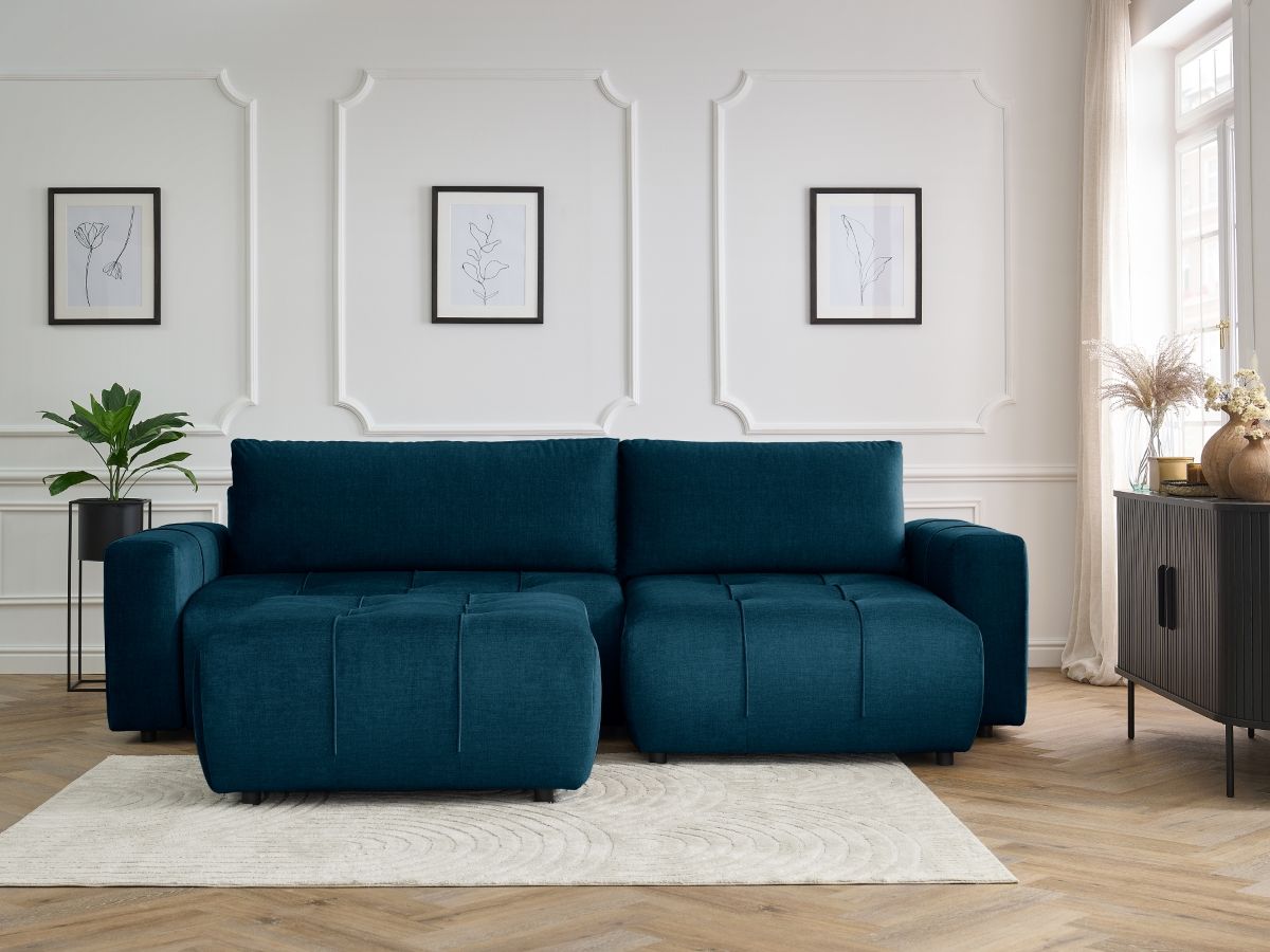 Bobochic Arsene Ecksofa mit Schlaffunktion und Bettkasten und Pouf 288 × 148 cm Samt Blau