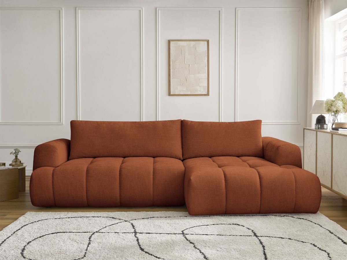 Bobochic Fuji Ecksofa mit Schlaffunktion und Bettkasten 292 × 160 cm Stoff Orange Ecke rechts