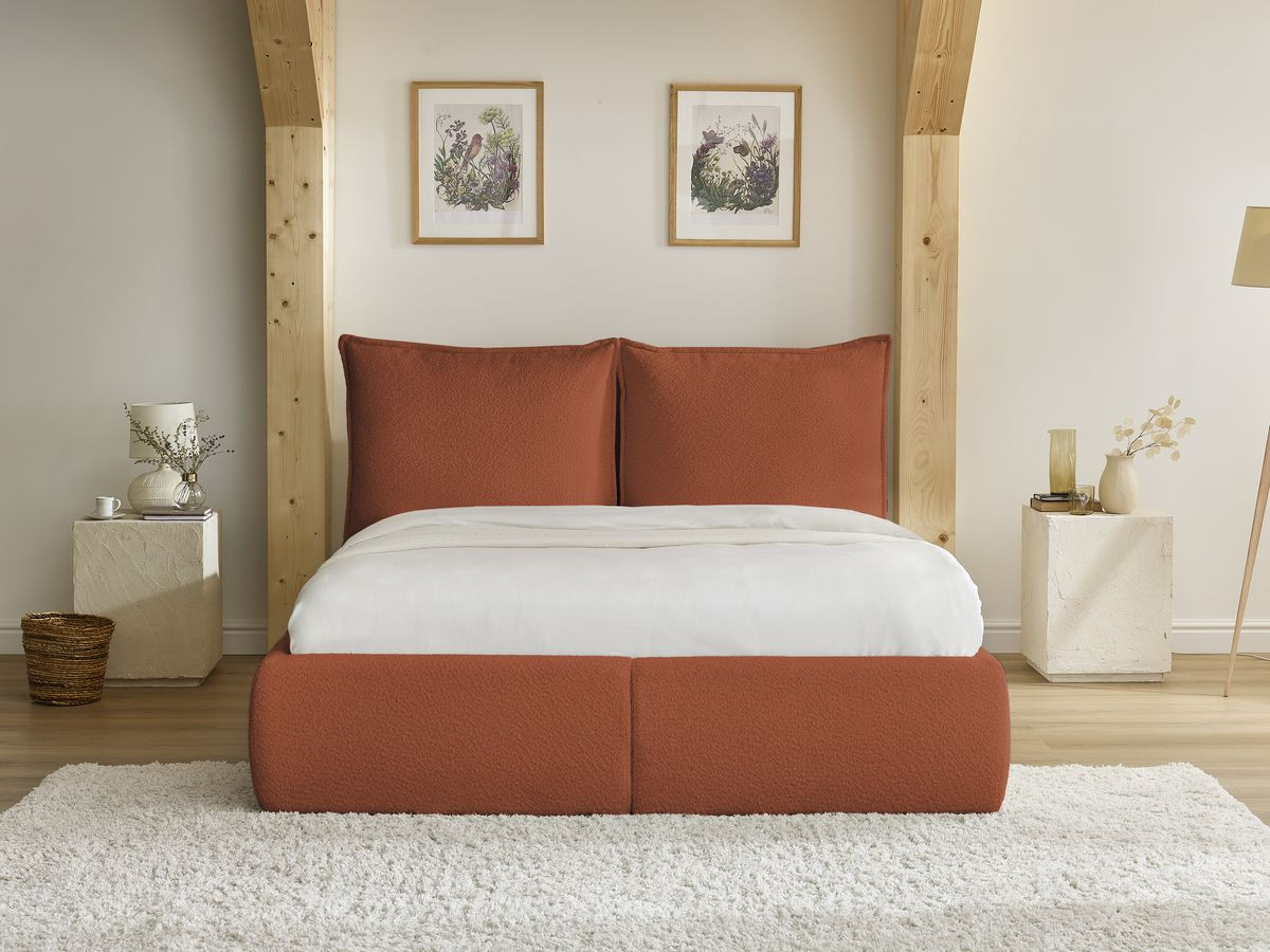 Bobochic Garance Polsterbett mit Bettkasten Bouclé-Stoff Orange, Liegefläche 180 × 200 cm