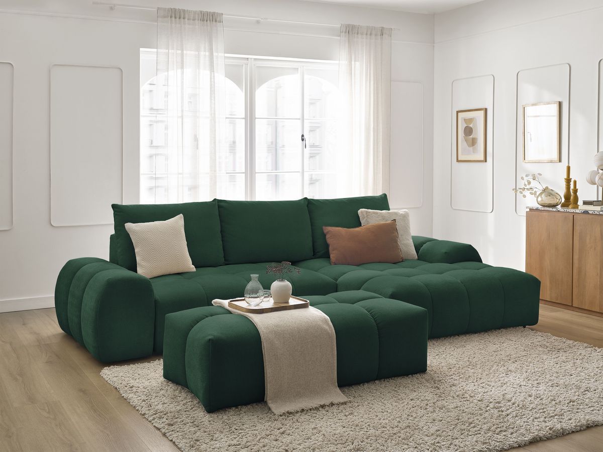 Bobochic Everest Ecksofa mit Schlaffunktion und Bettkasten und Pouf 318 × 180 cm, 3 Kissen Strukturstoff Grün Ecke rechts