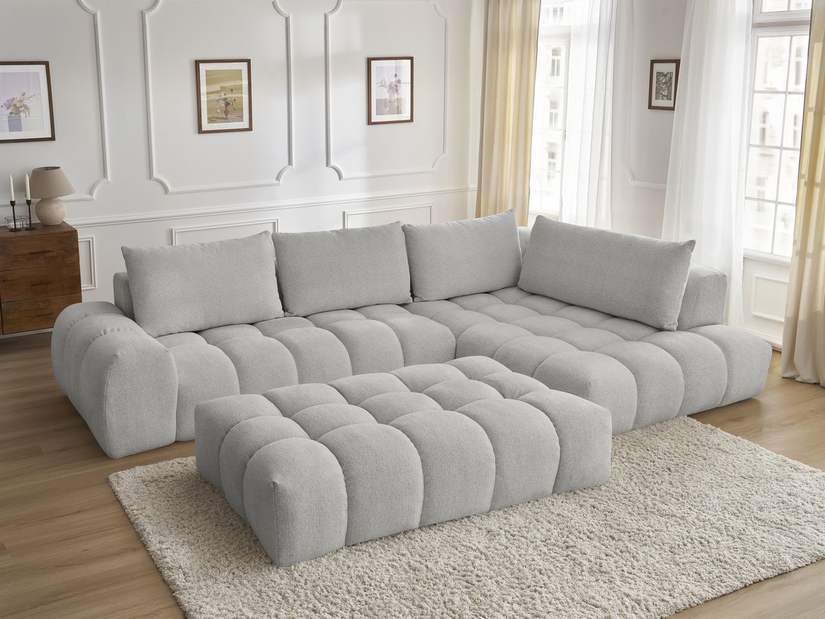 Bobochic Everest Ecksofa mit Schlaffunktion und Pouf, 4 Kissen Melange-Stoff Hellgrau Ecke rechts