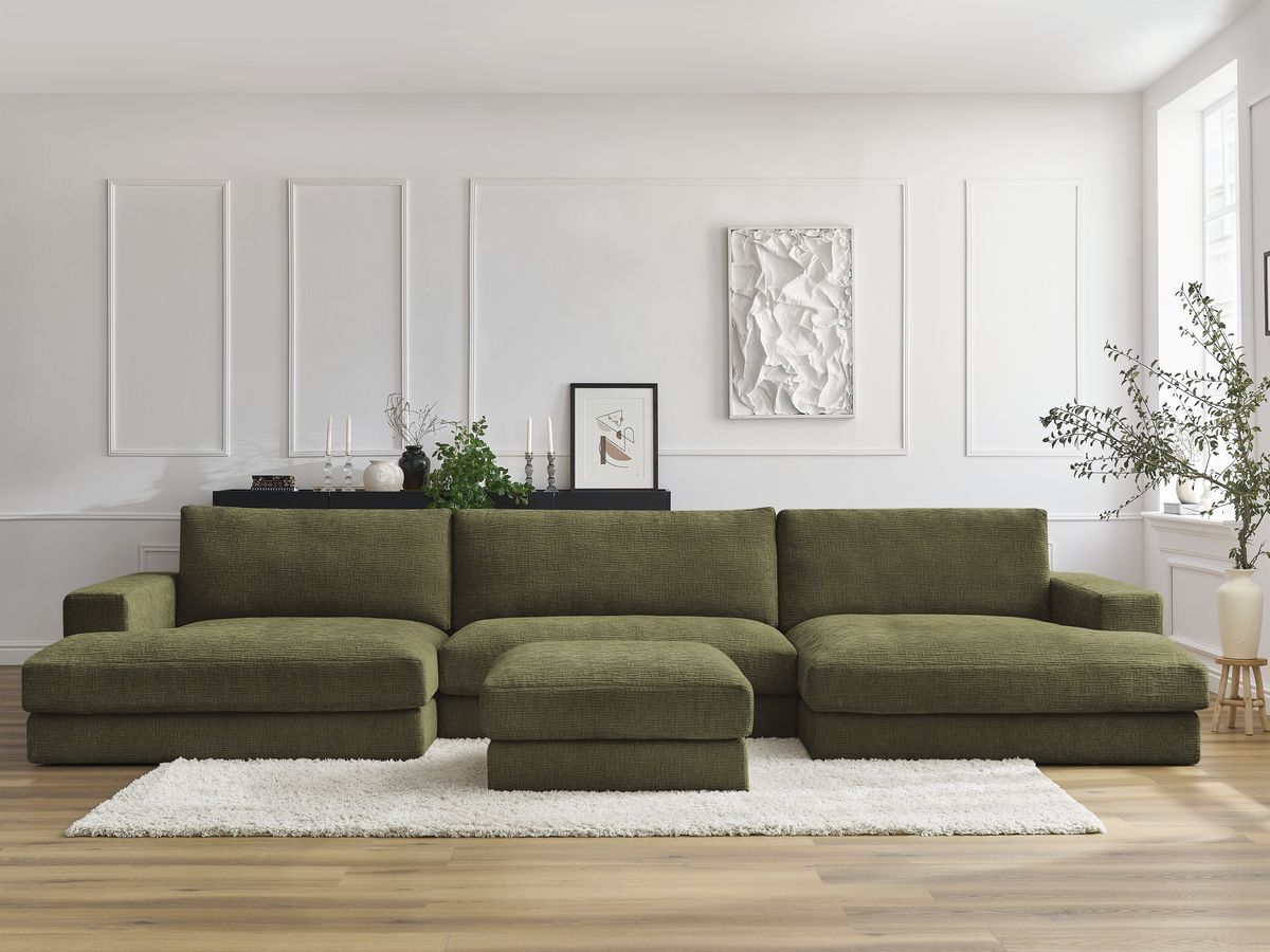 Bobochic Leonard Wohnlandschaft mit Pouf 349 × 159 cm Strukturstoff Grün