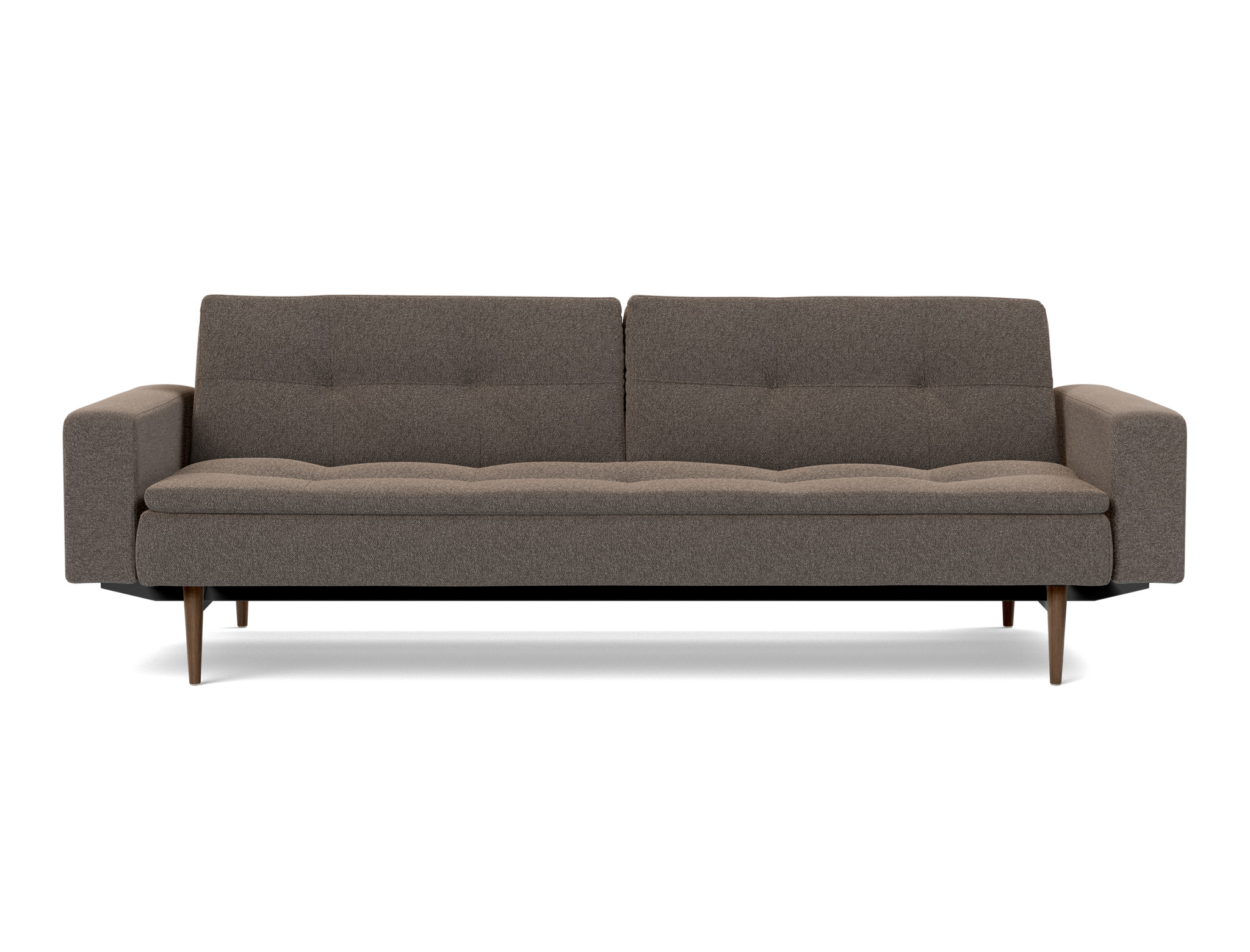 Schlafsofa Dublexo mit Armlehnen Boucle Skandi 530-Taupe Beine Styletto Eiche dunkel