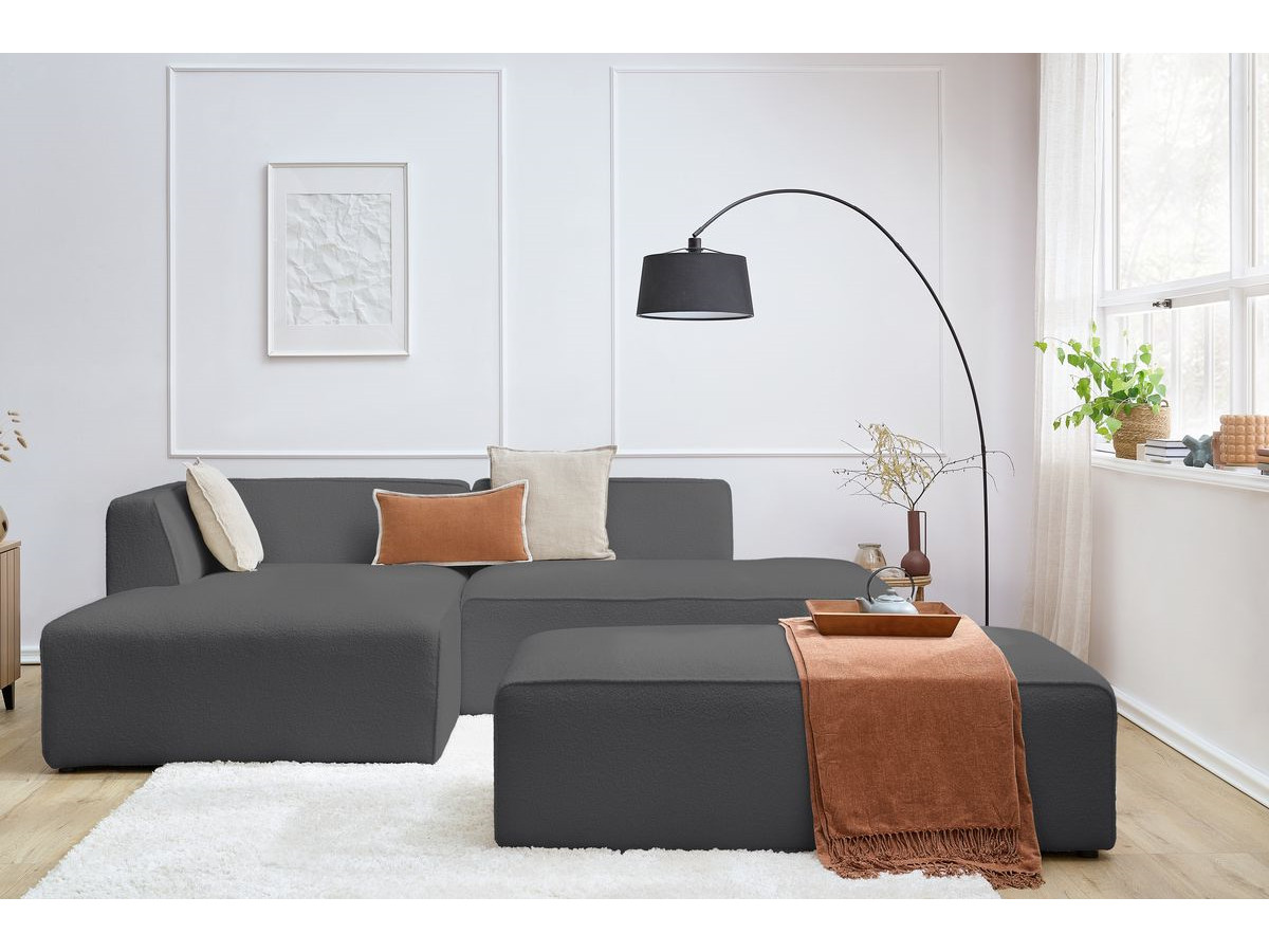 Bobochic Megeve Ecksofa mit Schlaffunktion und Pouf Bouclé-Stoff Dunkelgrau Ecke links