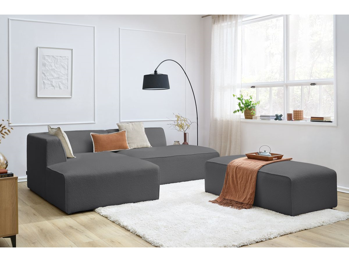 Bobochic Megeve Ecksofa mit Schlaffunktion und Pouf Bouclé-Stoff Dunkelgrau Ecke links
