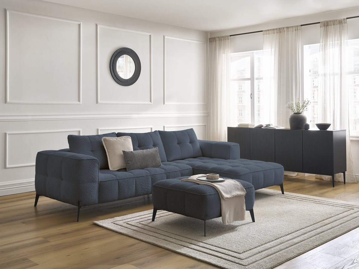 Bobochic Anis Ecksofa mit Pouf Bouclé-Stoff Dunkelblau Ecke rechts