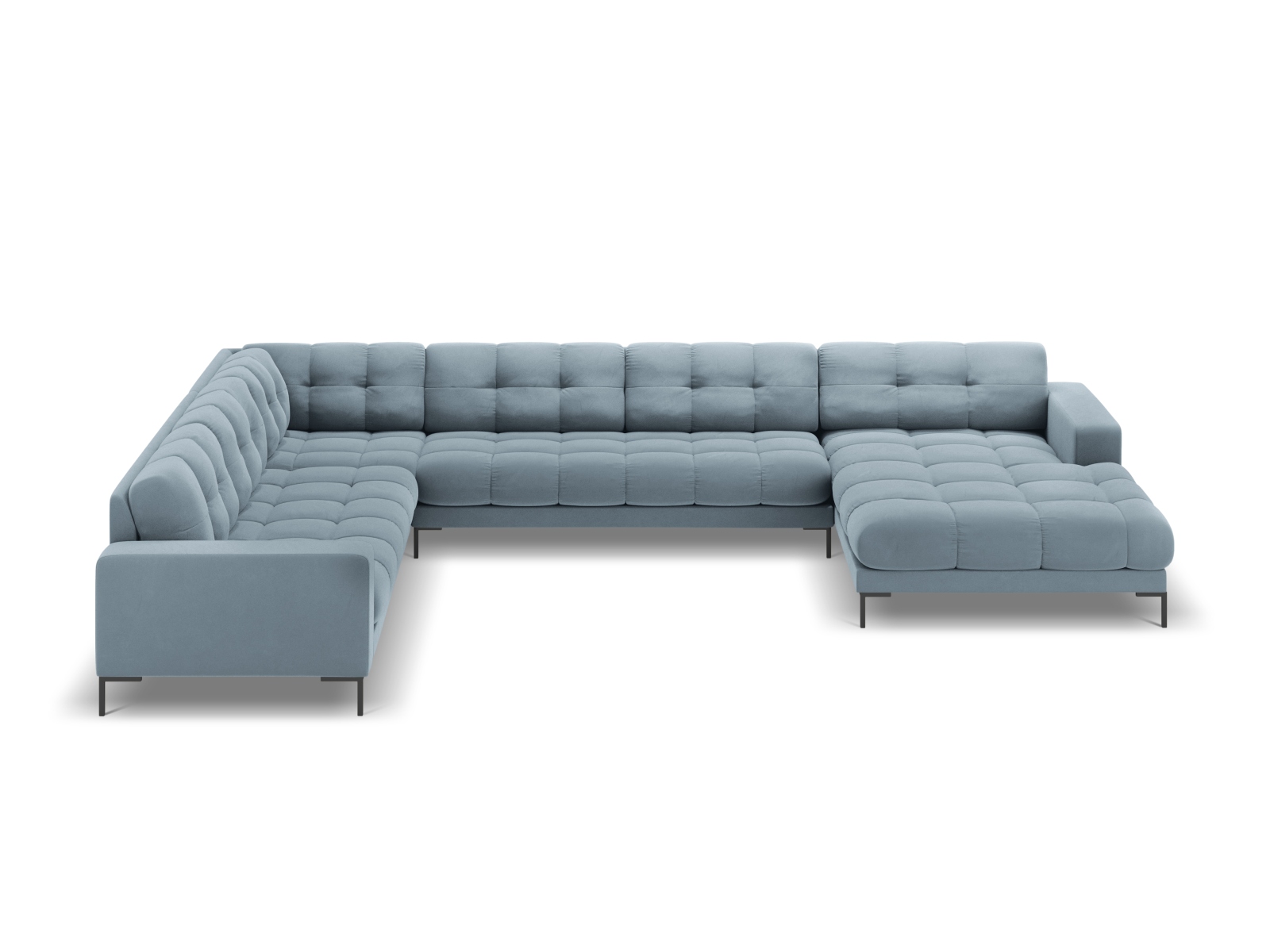 Cosmopolitan Design Panoramasofa Bali 7-Sitzer 327 cm Samt Bluvel Hellblau Links Beine Schwarzes Metall