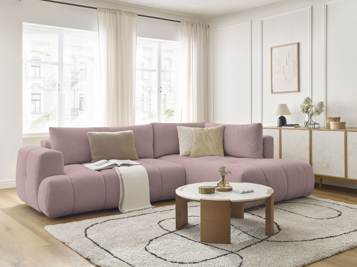 Bobochic Fuji Ecksofa mit Schlaffunktion und Bettkasten 282 × 204 cm Stoff Rosa Ecke rechts